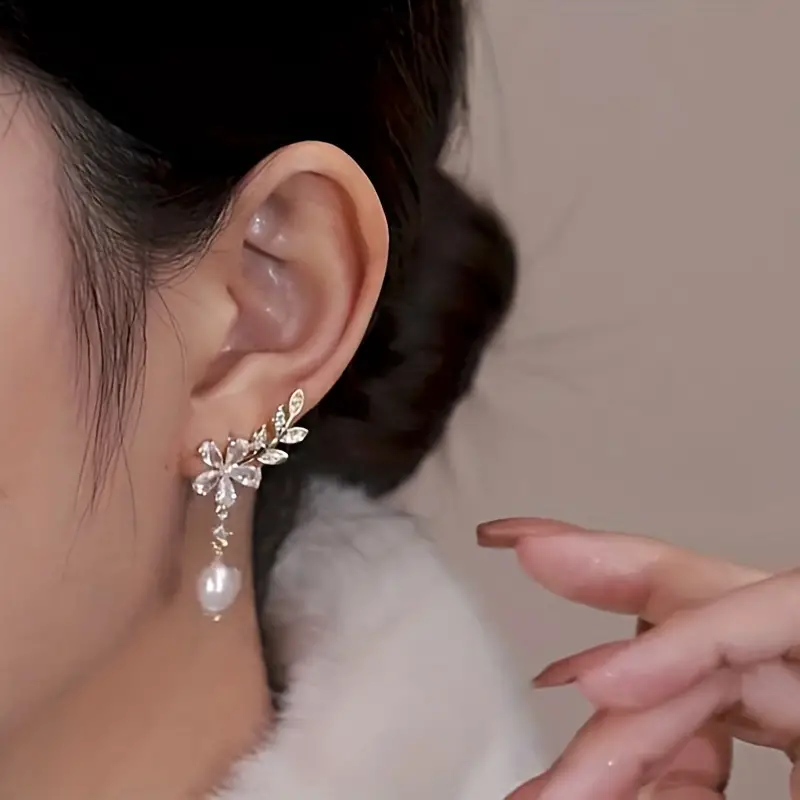 zircon flower faux pearl decor earrings vintage elegant earrings fashion party or everyday wear details 0
