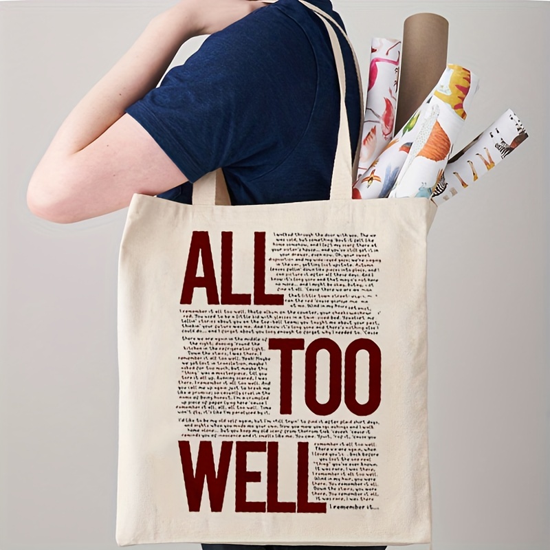All Too Well Pattern Tote Bag, Letter Print Canvas Shoulder Bag