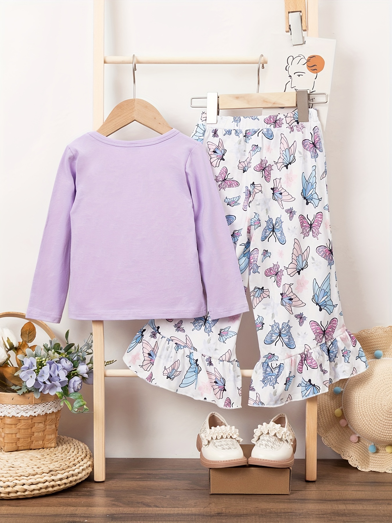 girls 2pcs long sleeve top wide leg pants set butterfly print casual outfits kids clothes for spring autumn