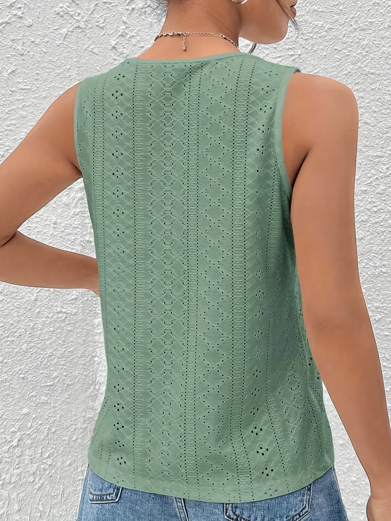 Eyelet V Neck Tank Top Casual Sleeveless Tank Top