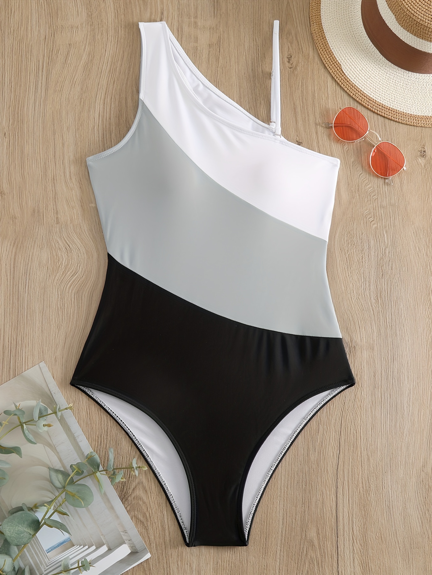 Colorblock One Shoulder Bathing Suit, Two Shoulder Straps Cut Out Tummy  Control High Cut * Swimsuit, Women's Swimwear & Clothing