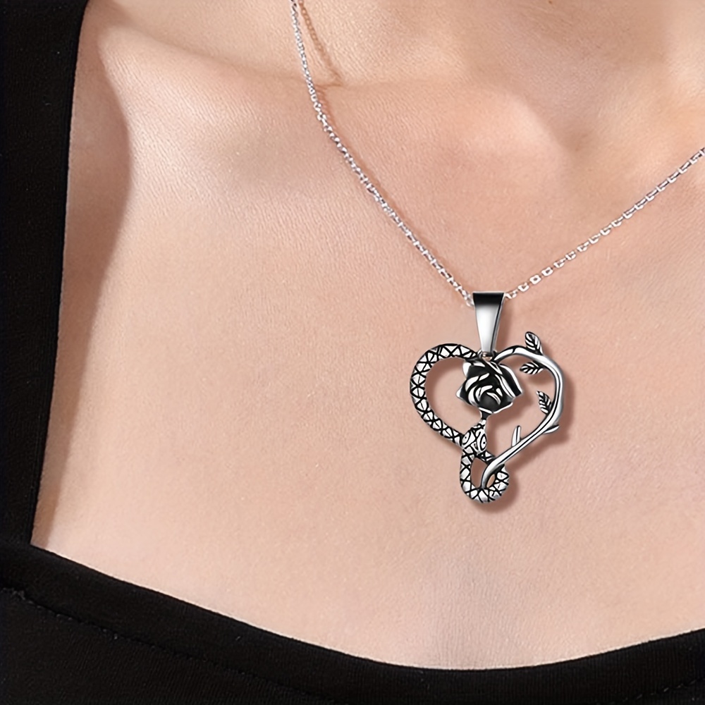 Snake Rose Heart Pendant Necklace Stainless Steel Gothic - Temu