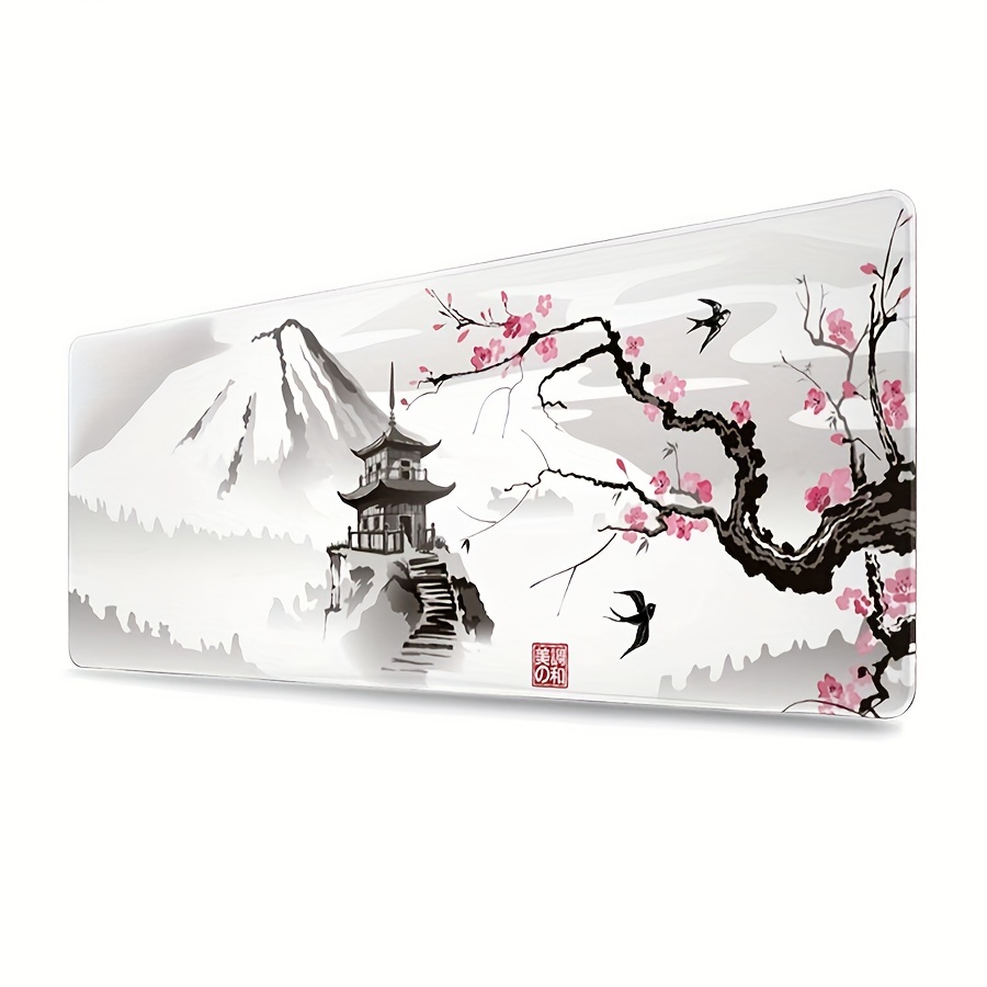 Tapis de souris japonais noir et blanc - 90 x 40 cm - XXL - Motif fleurs de  cerisier 