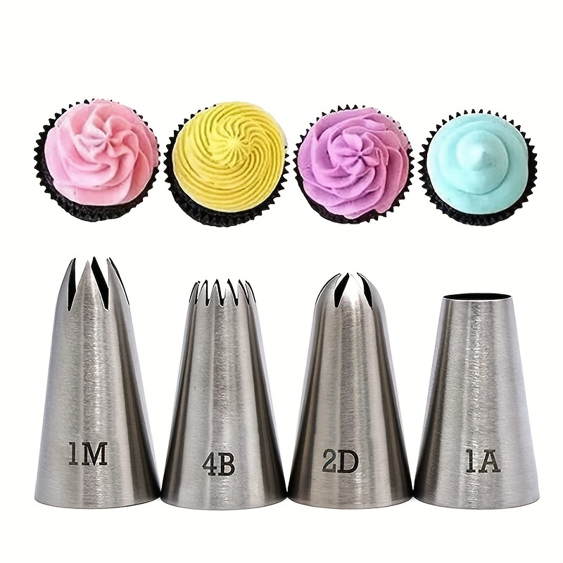 

4pcs Professional Large Piping Nozzles, Stainless Steel Seamless Icing Piping Nozzle Tip Set For Cupcakes And Baking, #1m #2d #4b #6b