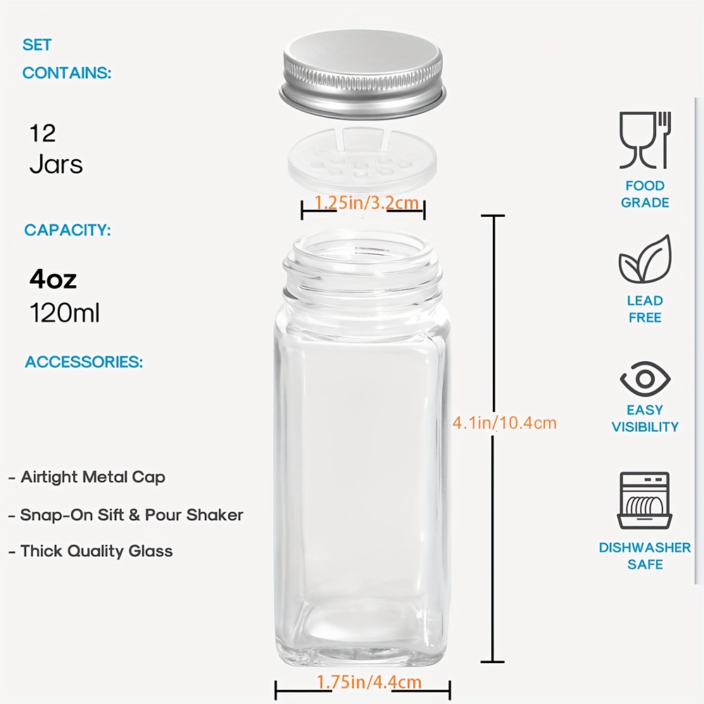 CUCUMI 12 tarros de especias con etiquetas y tapas de bambú, botellas de  especias cuadradas vacías de 4 onzas con tapas agitadoras, embudo plegable