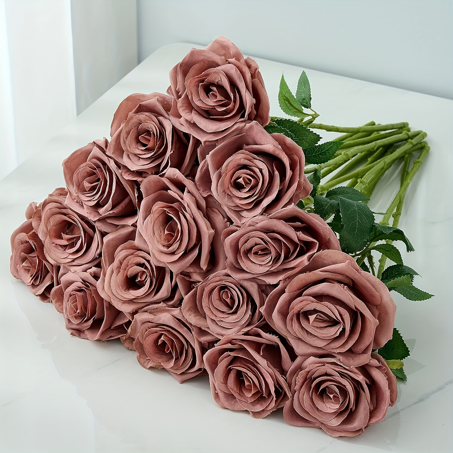 Image of Artificial Dusty Rose Roses Long Stems Fake Bridal Wedding Bouquet For Home Garden Party Floral Decor 5/10pcs