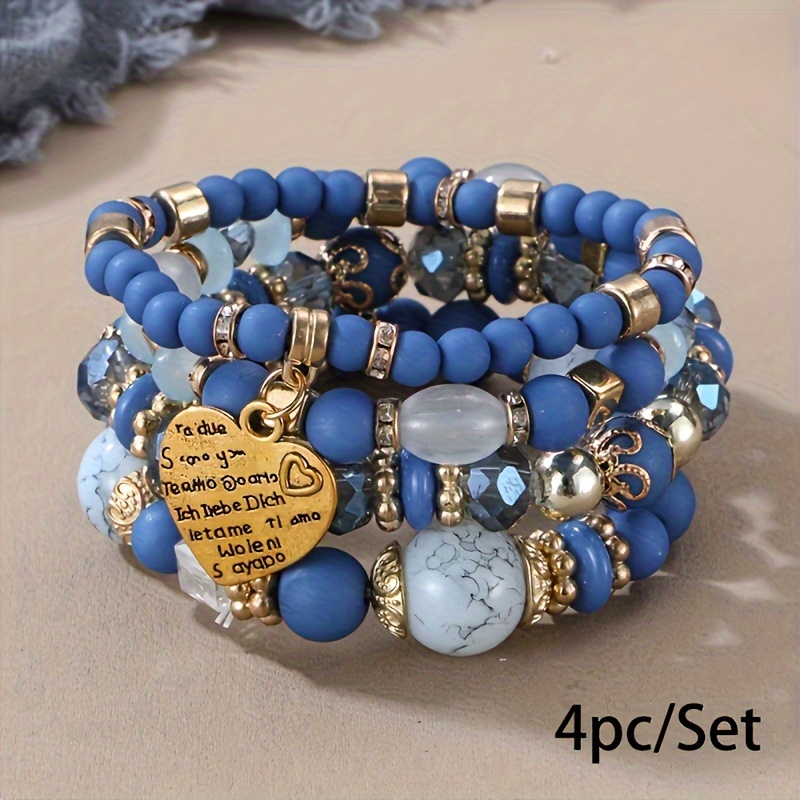 Heart Charm Beads Layered Bracelet Set Pompomia Bracelet - Temu