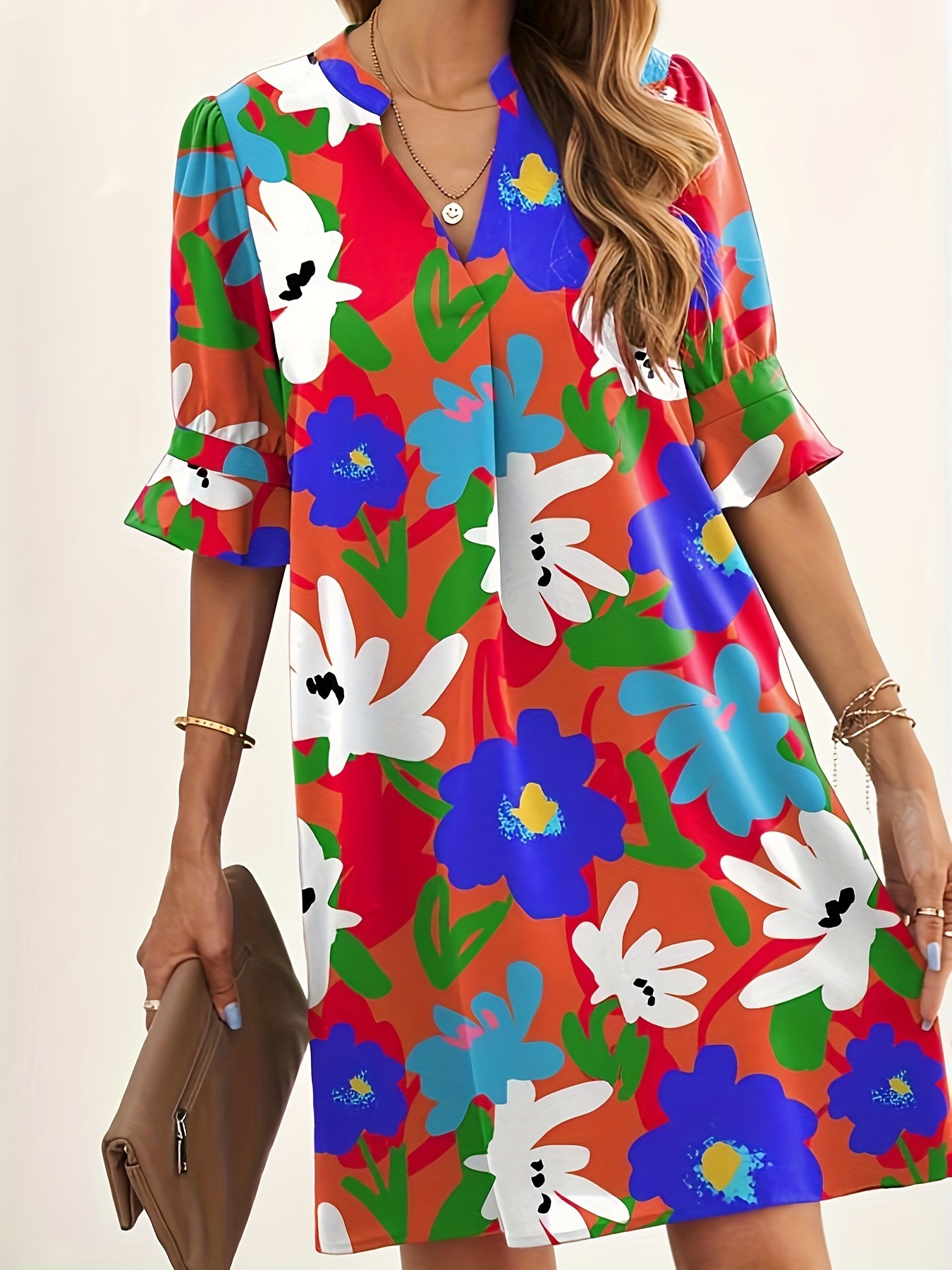 Plus Size Colorblock Floral Print Dress Vacation Notch Neck - Temu Portugal