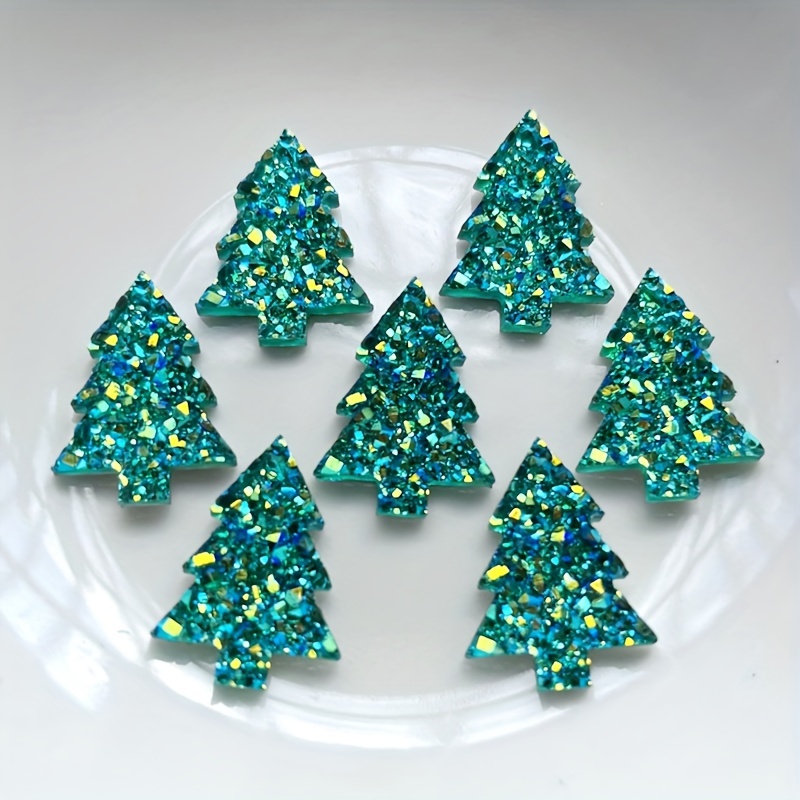 

10pcs Sparkling Resin Christmas Trees & Tree Of Life Embellishments, Flatback Cabochon Stones For Diy Crafts And Decorations