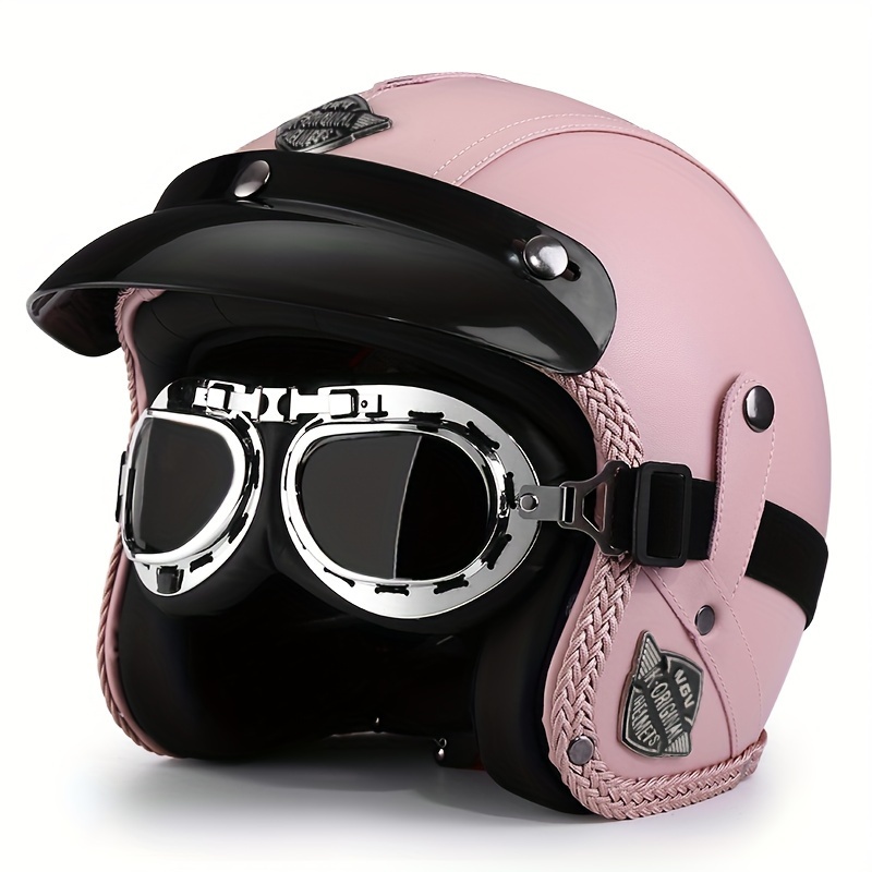 Demi-casque rétro en cuir de moto avec lunettes