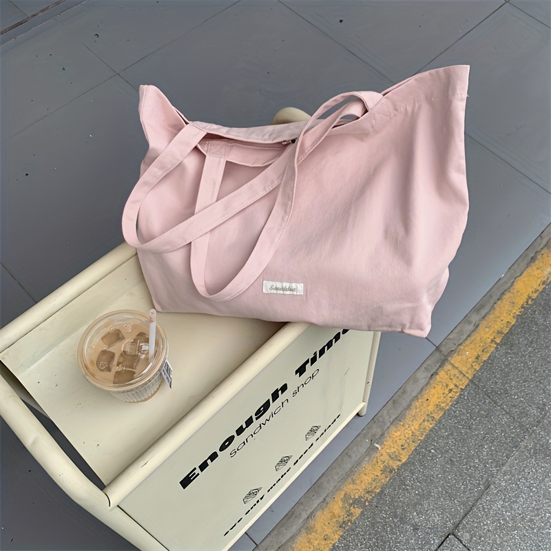 Pink Canvas Shoulder Bag Large Capacity Lightweight Storage Bag