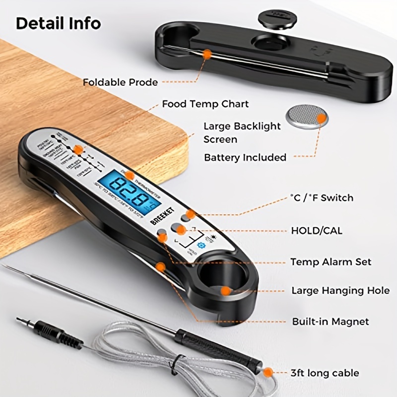 Kitchen Thermometer, Lcd Instant Read Digital Cooking Thermometer With  Double Probe & Long Wire, Alarm Setting & Magnet, Preset Temperature For  Meat