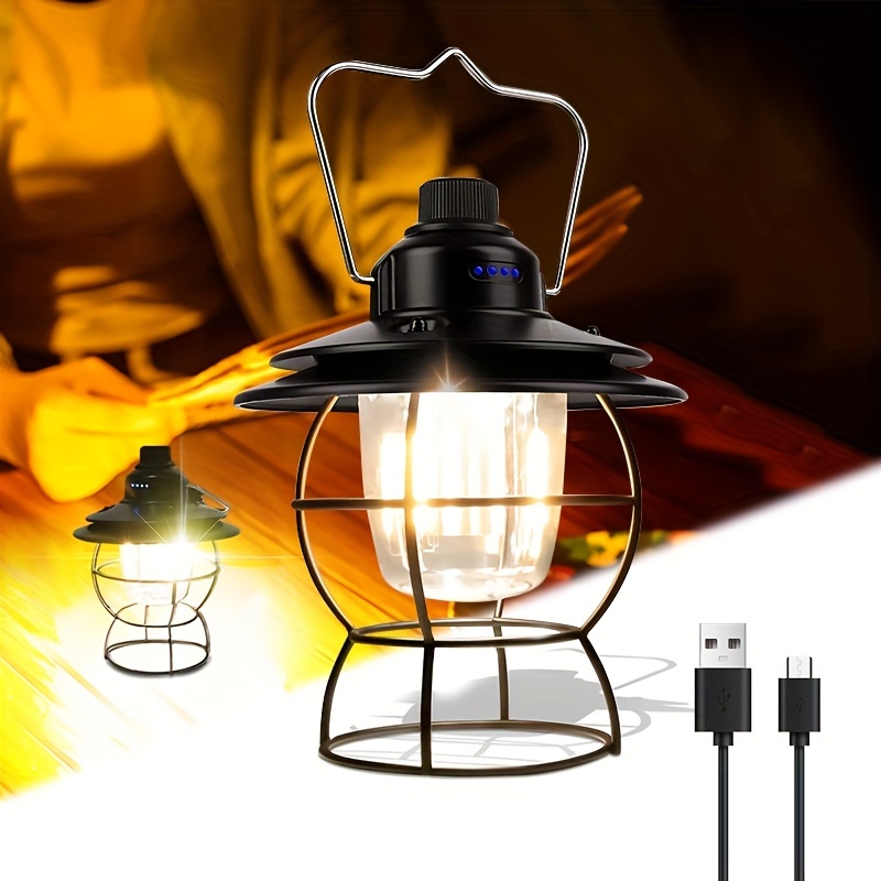 Vintage Retro Portable Camping Lantern Rechargeable Light Hanging Lamp  Outdoor Light 3 Modes Dimmable Emergency Light With USB