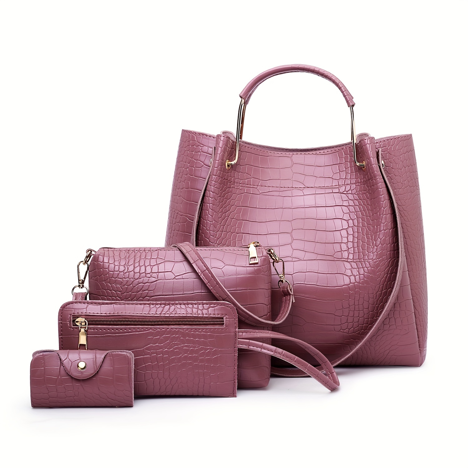 Crocodile Pattern Handbag Set: Tote, Crossbody, Clutch, Card Holder
