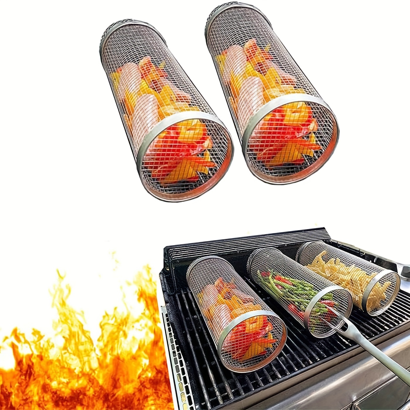 1pc Bbq Grill Basket Rolling Grilling Basket For Outdoor Grill ...
