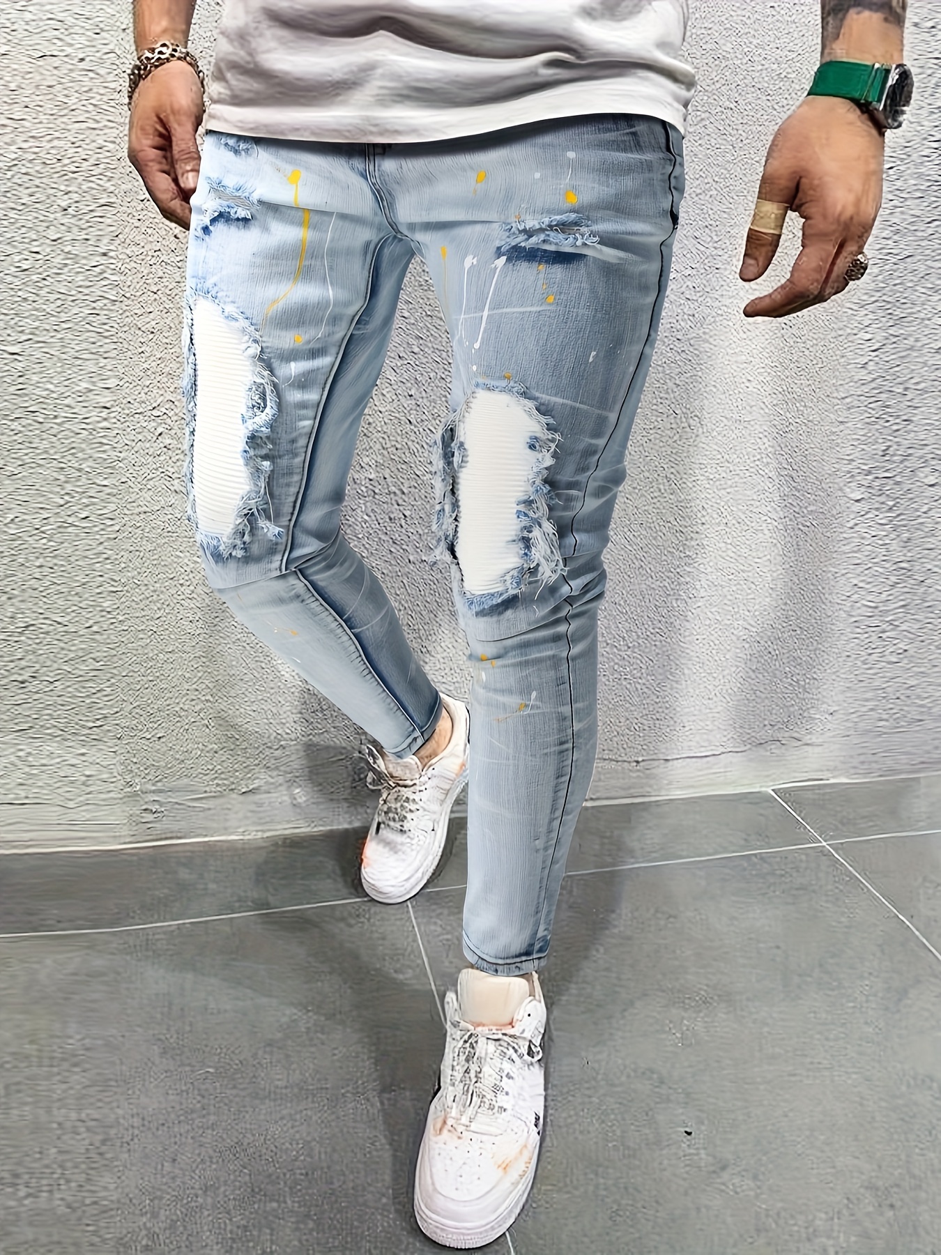 Paint Splatter Ripped Design Slim Fit Jeans Men's Casual - Temu