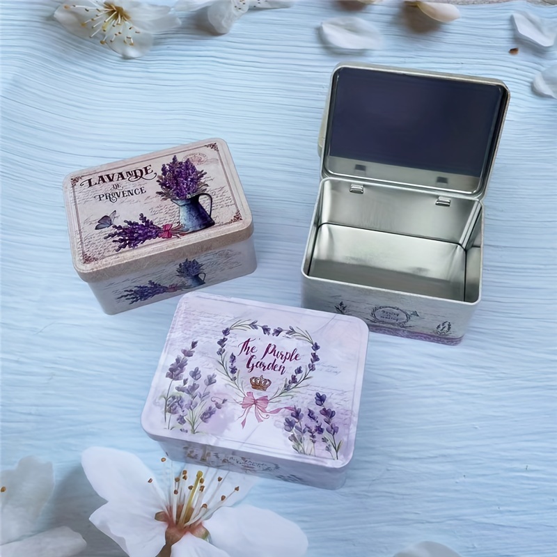 Vintage Lavender Floral Metal Rectangular Storage Box with Snap-On Lid - Decorative Jewelry & Office Organizer for Desk, Vanity, or Craft Supplies