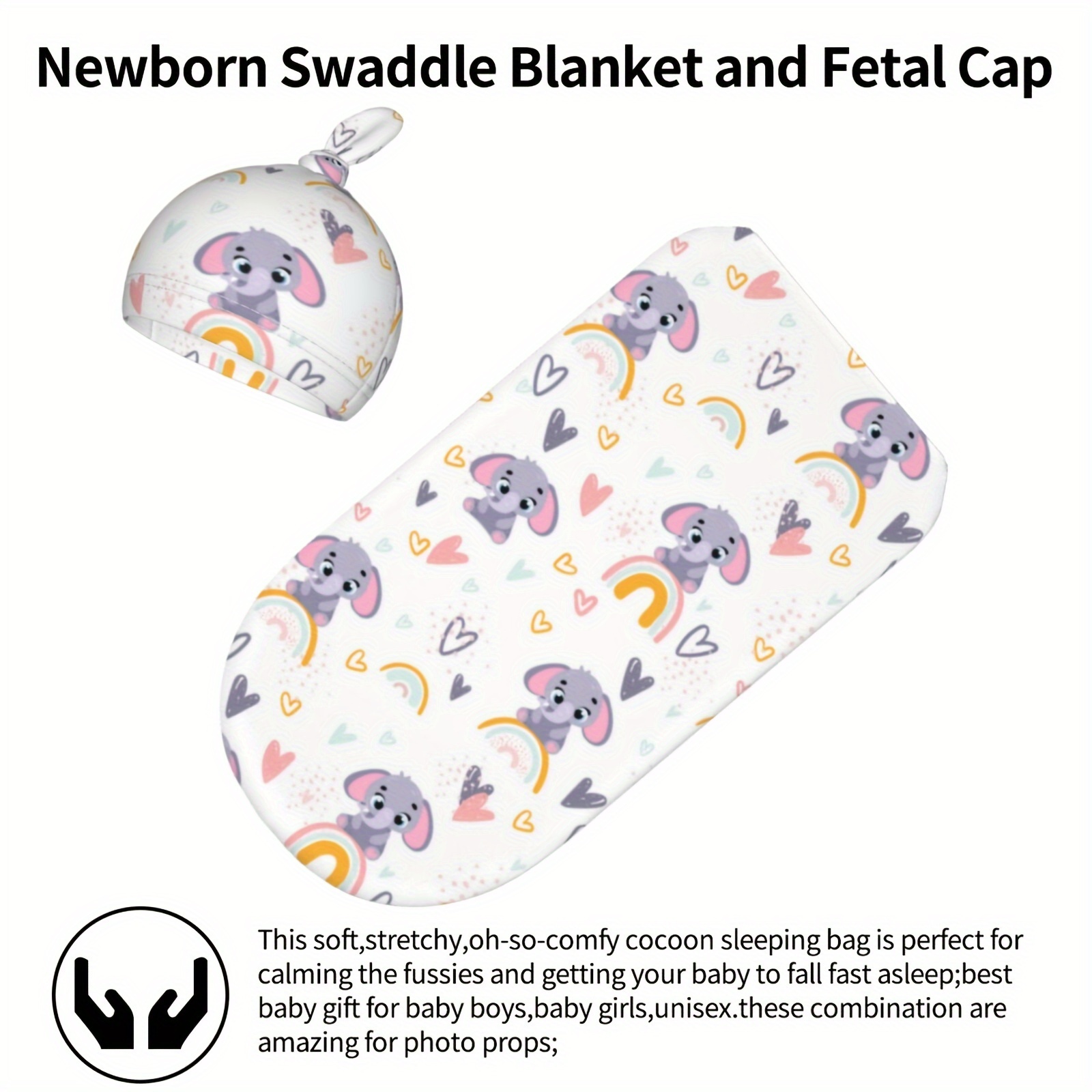 2-pack 100% Cotton Cartoon Elephant Print Newborn Swaddle Receiving Blanket Sleeping Bag Wrap Blanket and Top Knot Hat Set