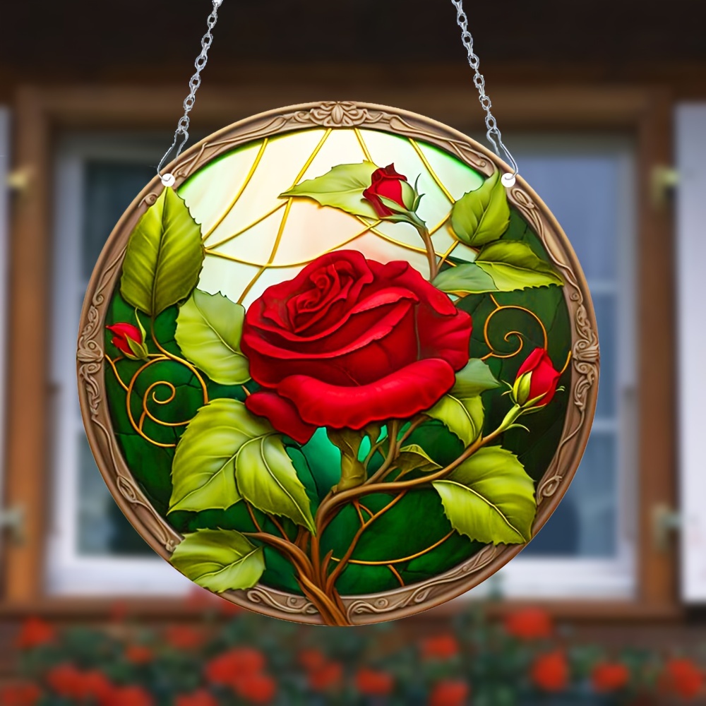 薔薇の花 ステンドグラス パネル サンキャチャー - その他
