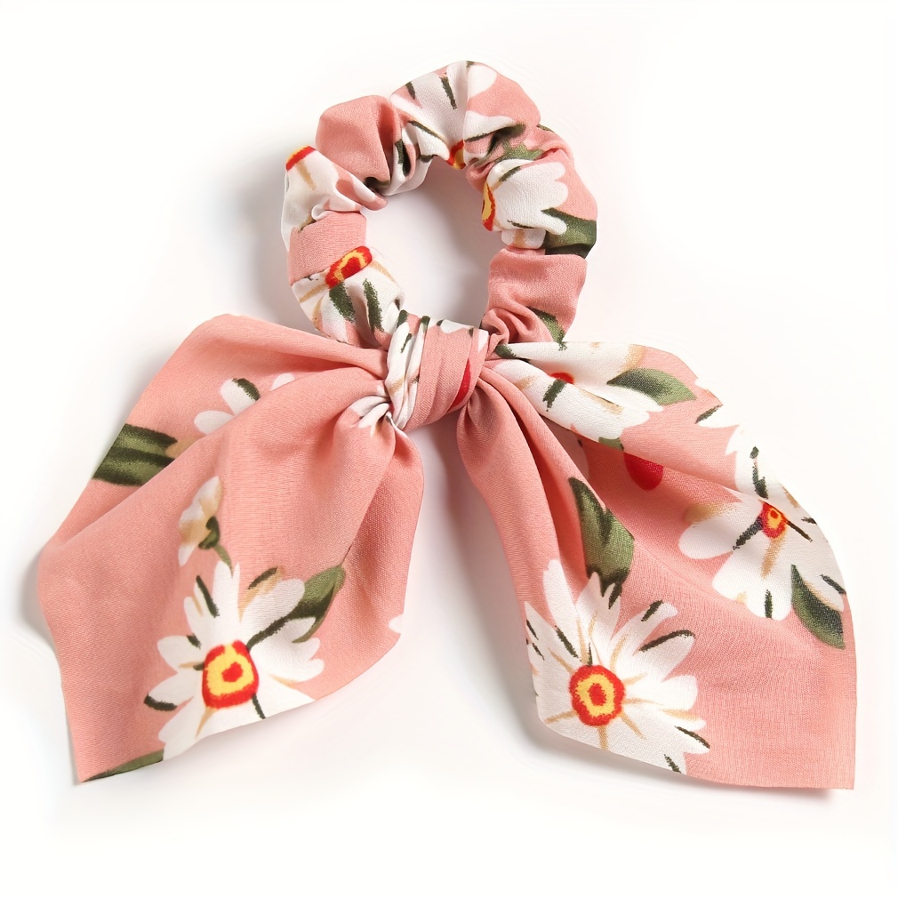 Daisy Print Bow Scrunchie Flower Charm Hair Tie Ponytail Holder