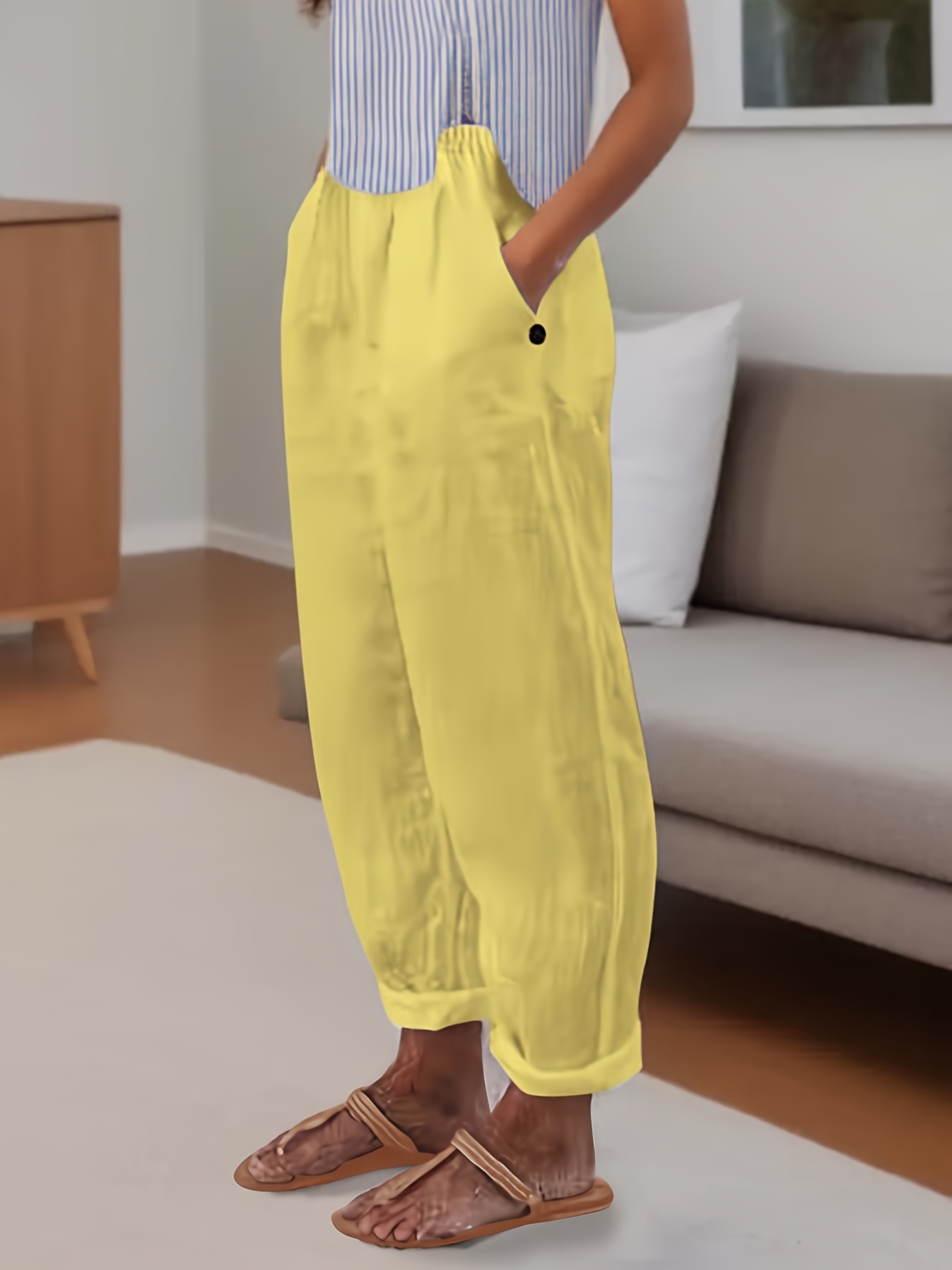 Women Cotton Linen Wide Leg Pants Elastic Waist Pockets Comfy Solid Loose  Casual Trousers (KhakiX-Large) -Layfoo : : Clothing & Accessories