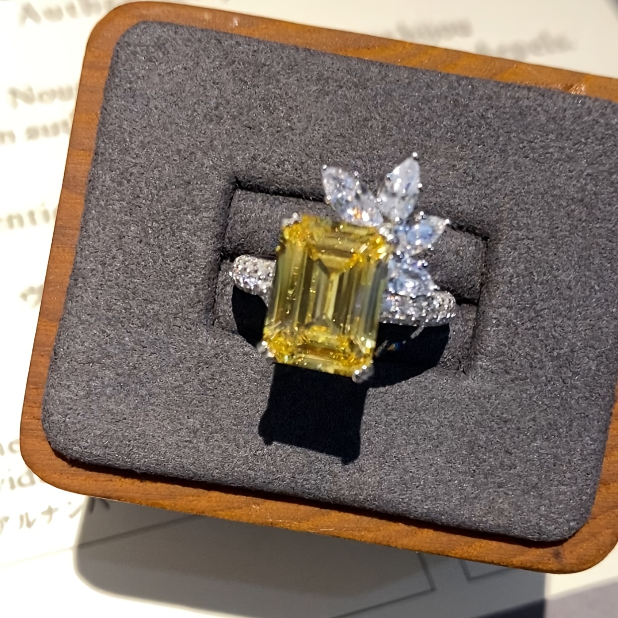 Yellow Square Zircon Ring, Glitter Finger Ring