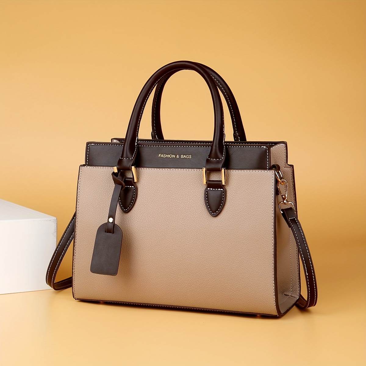 

Classic Textured Square Satchel Bag, Color Contrast Top Handle Bag, Elegant Minimalist Commuter Women's Handbag Purse