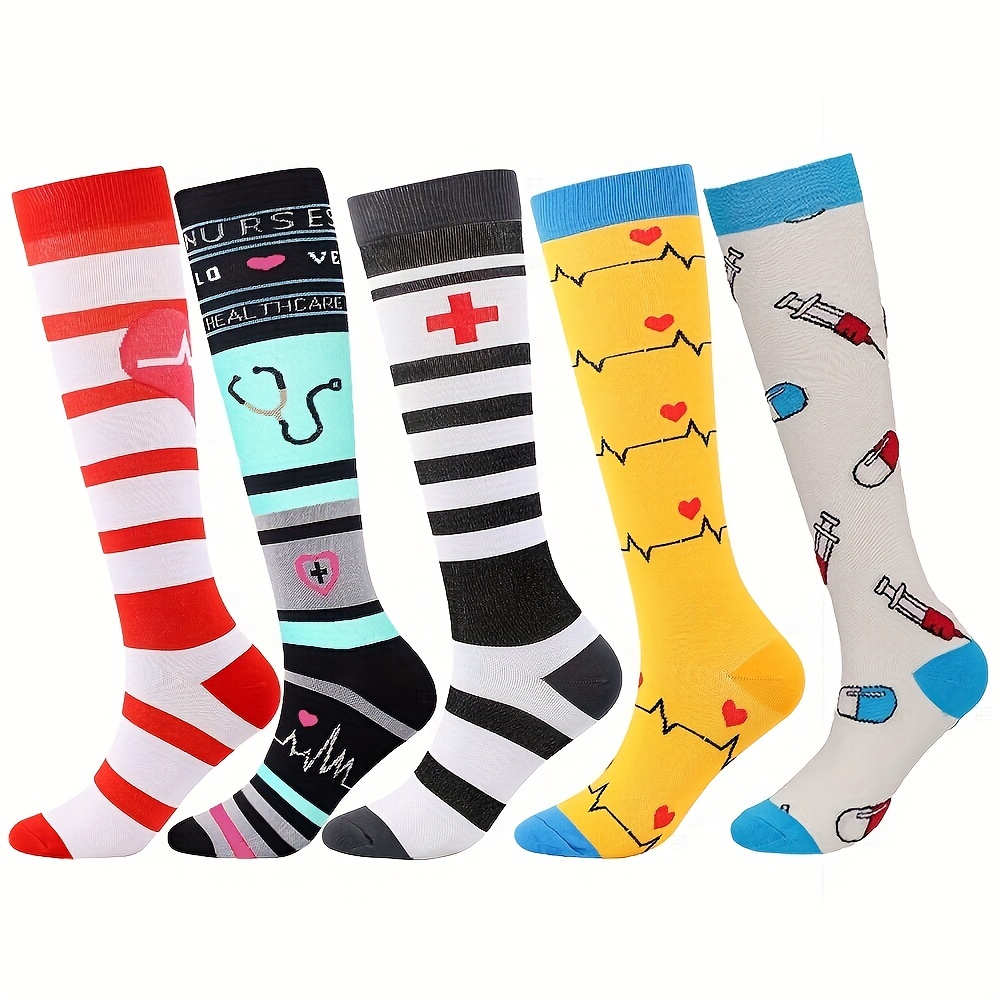 

5 Pairs Novelty Pattern Compression Knee High Socks, Comfy Sports Socks For Cycling Running, Women's Stockings & Hosiery