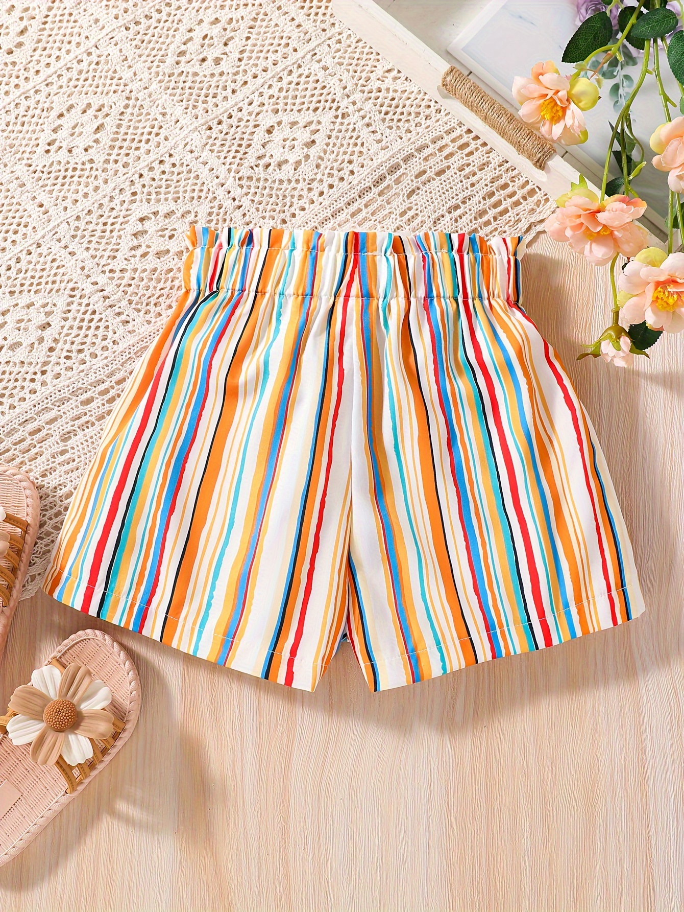 Kid Girl Solid Color Elasticized Paperbag Shorts Set