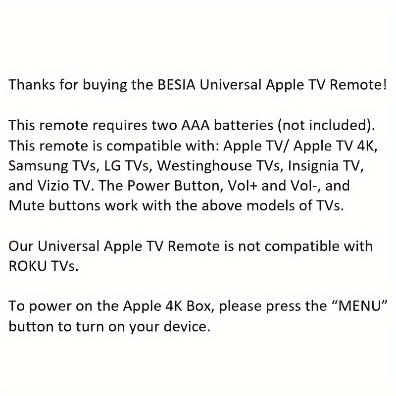 Nuevo Control Remoto De Reemplazo Universal Compatible Con Apple TV 4K/ Gen  1 2 3 4/ HD A2843 A2737 A2169 A1842 A1625 A1427 A1469 A1378 A1218 Sin Coma