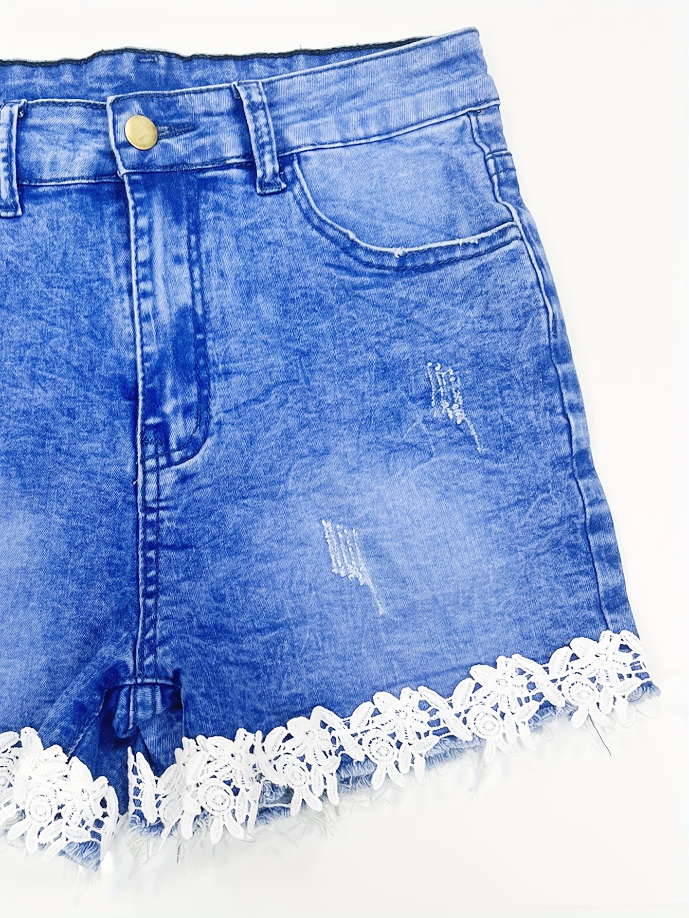 Lace Contrast Trim High Stretchy Denim Shorts - Temu