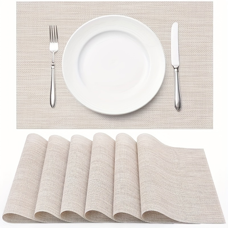 6pcs Vinyl Woven Placemats Beige Heat Resistant Kitchen Dinners Indoor Outdo