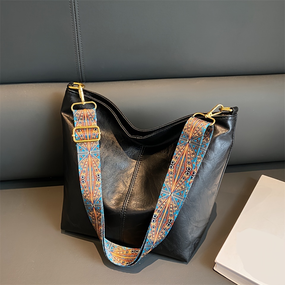 Retro Boho Style Crossbody Bag, Faux Leather Bucket Bag, Women