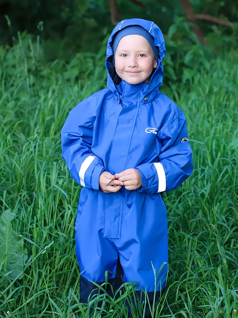 boys blue waterproof hooded overalls perfect for outdoor activities with durable long lasting material kids raincoat details 5