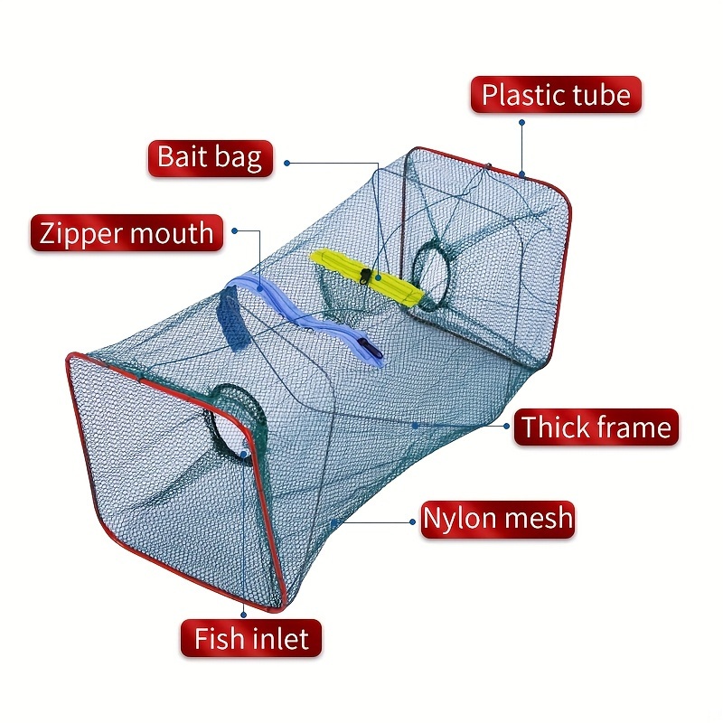 Fishing Trap, 12 Holes Portable Automatic Nylon Fishing Bait Trap Crawfish  Shrimp Cage Foldable Fish Cast Mesh Trap Net with Zipper for Catching Small