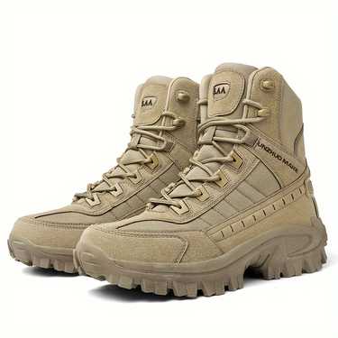 Men's Solid High Top Military Style Hiking Shoes With Side Zipper, Comfy Non Slip Casual Durable Sneakers For Men's Outdoor Activities