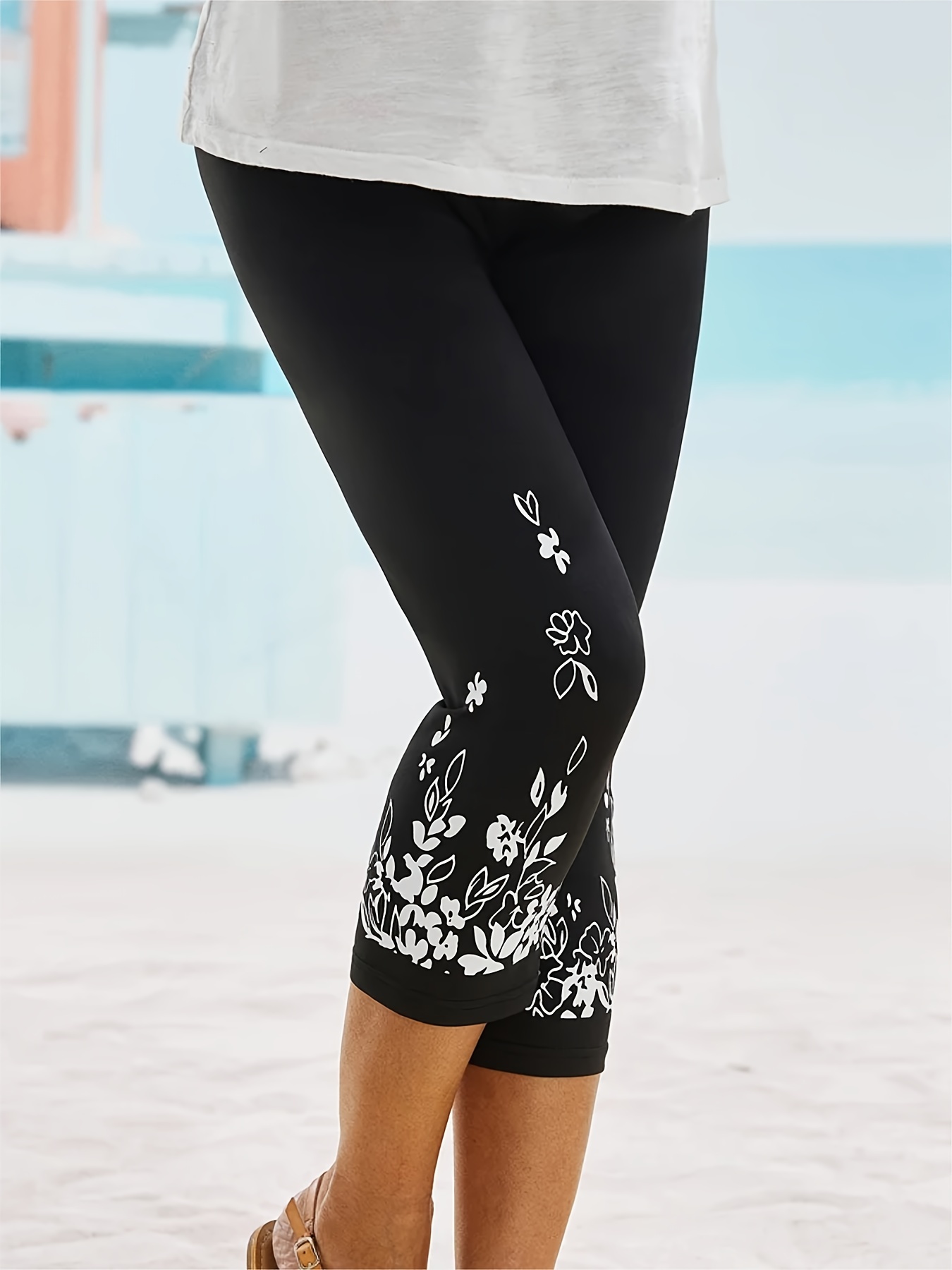 Floral Print Cropped Leggings, Casual High Waist Leggings For Spring &  Summer, Women's Clothing