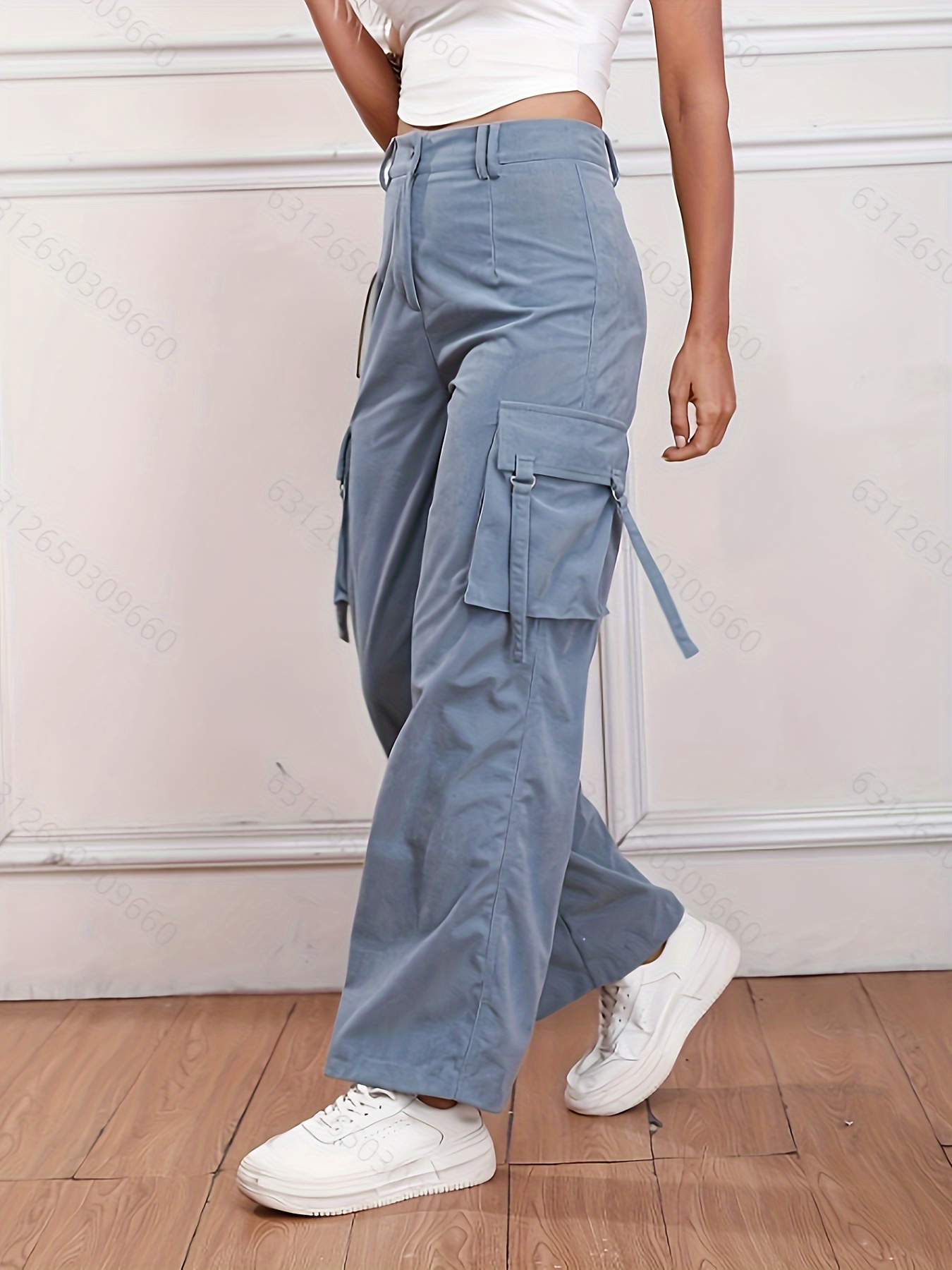 Flap Pockets Straight Leg Pants Streetwear Solid Color Pants - Temu