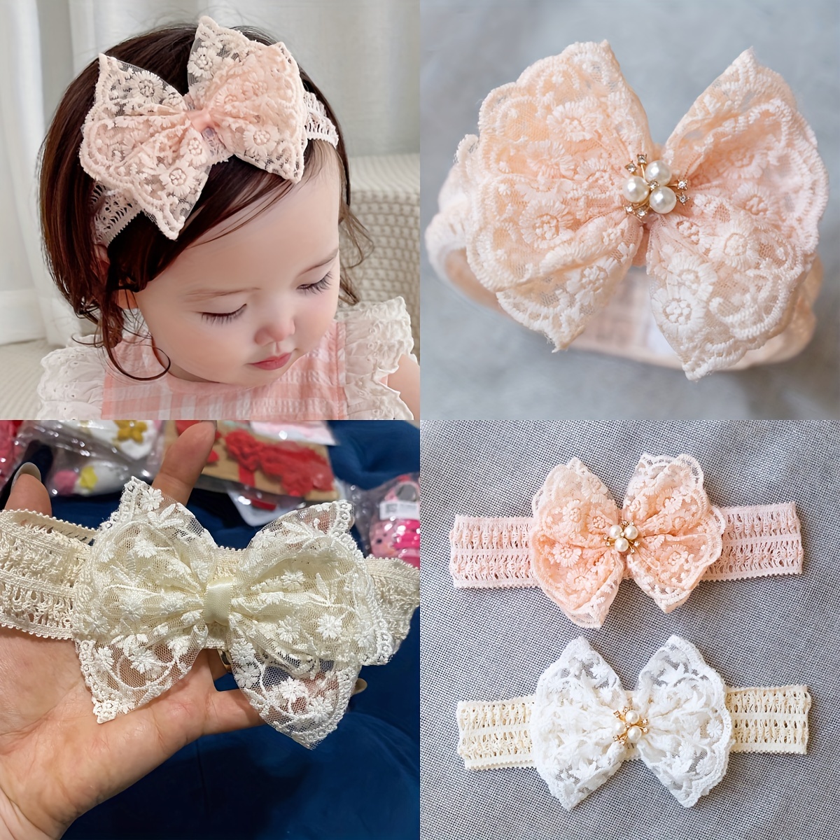 

Adorable Lace Bowknot Faux Pearl Headband Hairband Headdress For Infant Newborn Baby Girls