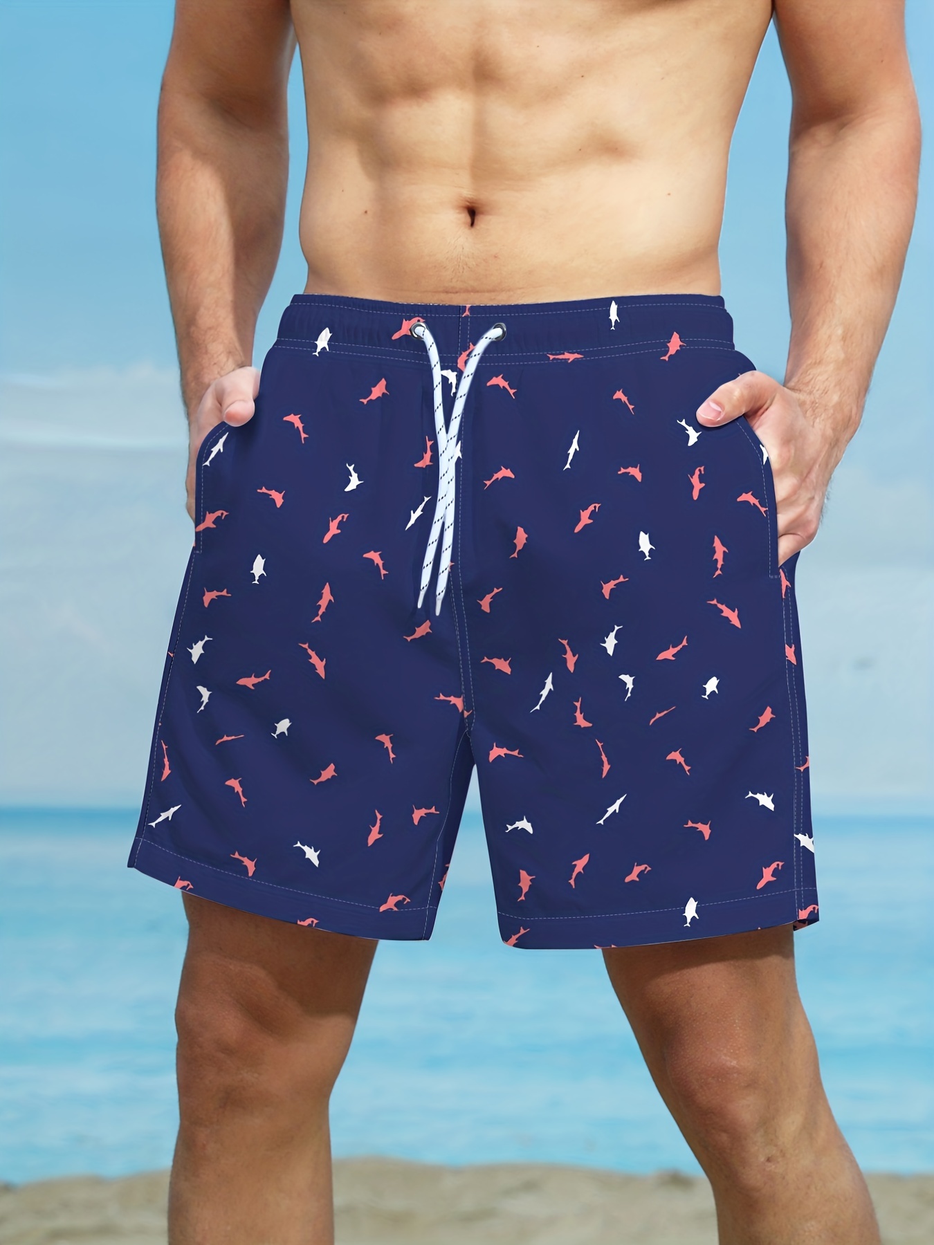 Trendy Cartoon Fish Pattern Print Men's Swim Trunks Quick Dry Drawstring Beach Shorts Men's Pants Swimwear For Summer Beach Poo