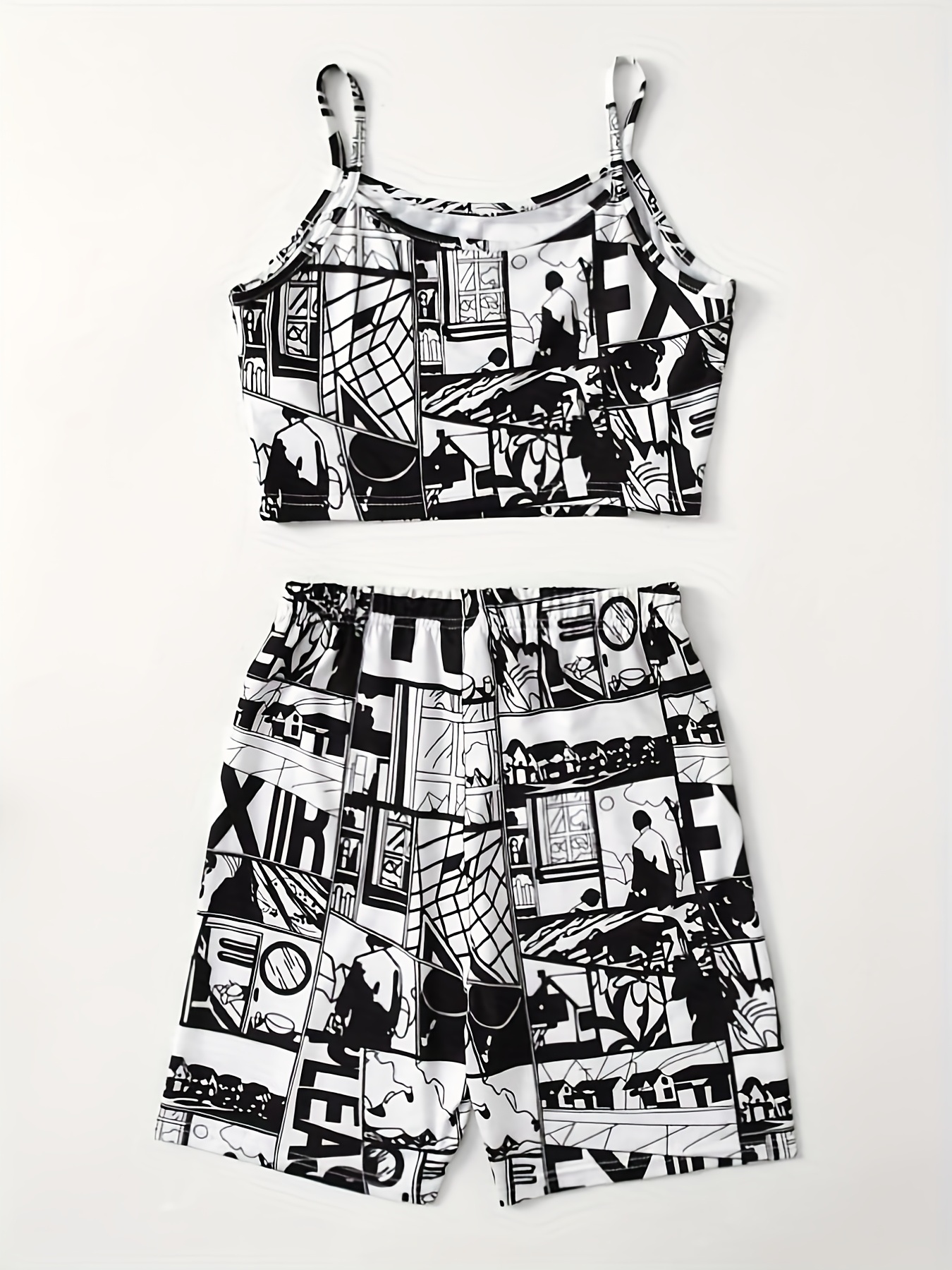 Anime Print Two piece Shorts Set Crop Cami Top & Casual Shorts