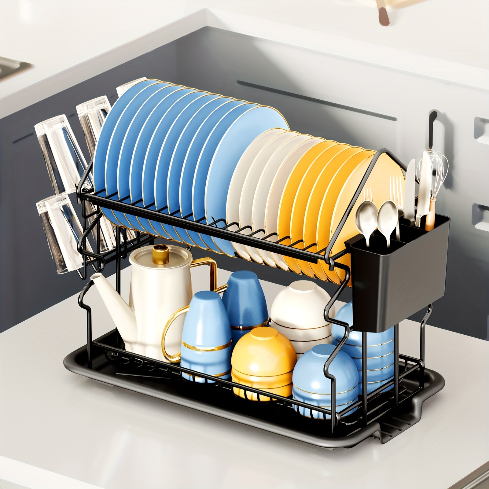 2 tier Dish Drying Rack Dish Rack And Drainboard Set With - Temu