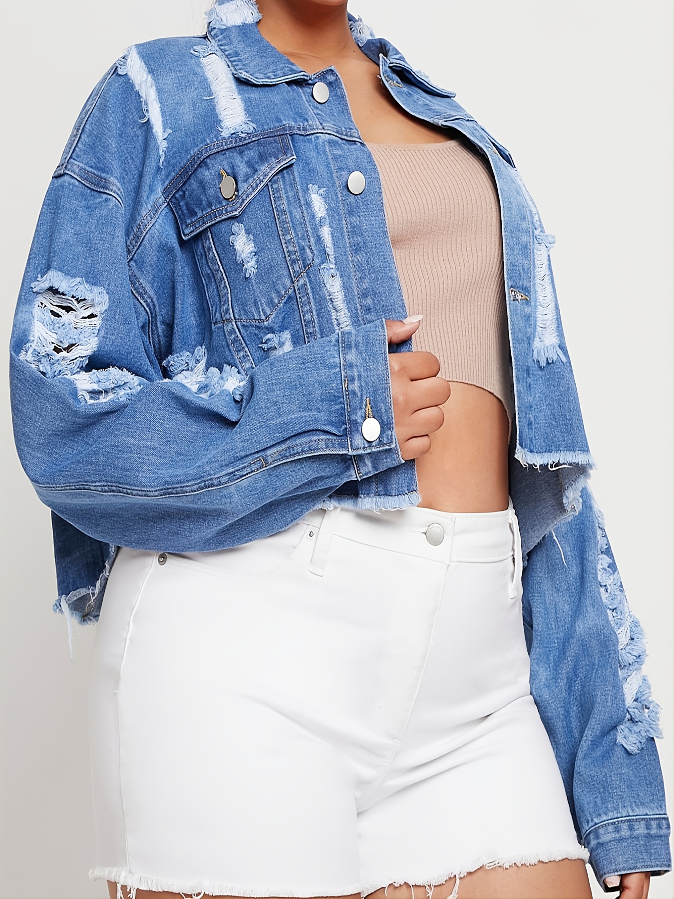 Women's Plus Size Ripped Trim Button Crop Denim Jacket - Temu