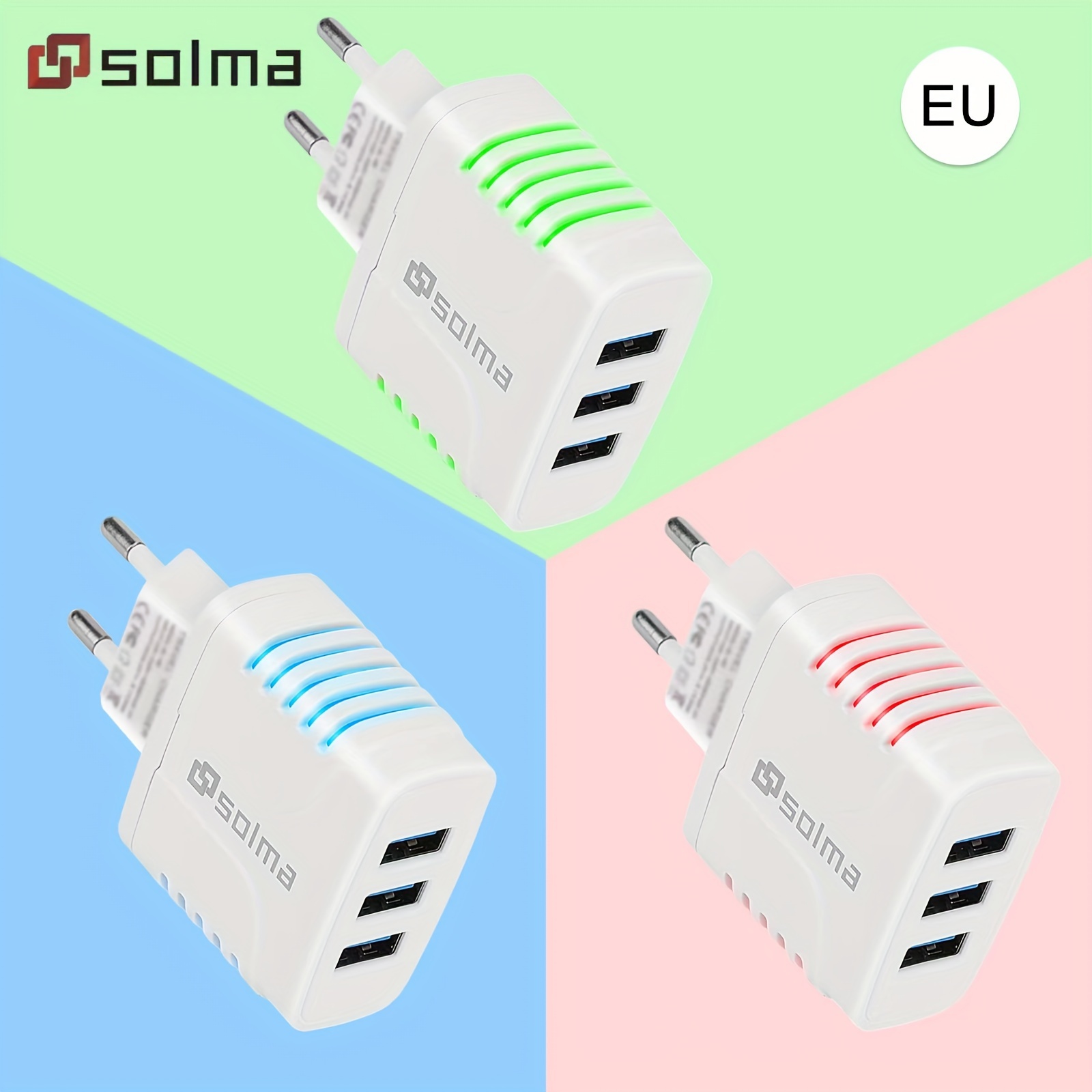 

1pc 3-port Usb Wall Charger Adapter Candy Color For Mobile Phone Travel Charger Led Charging Lndicator Travel 3usb Port Multi Intelligent Head Luminous Port Battery Charger