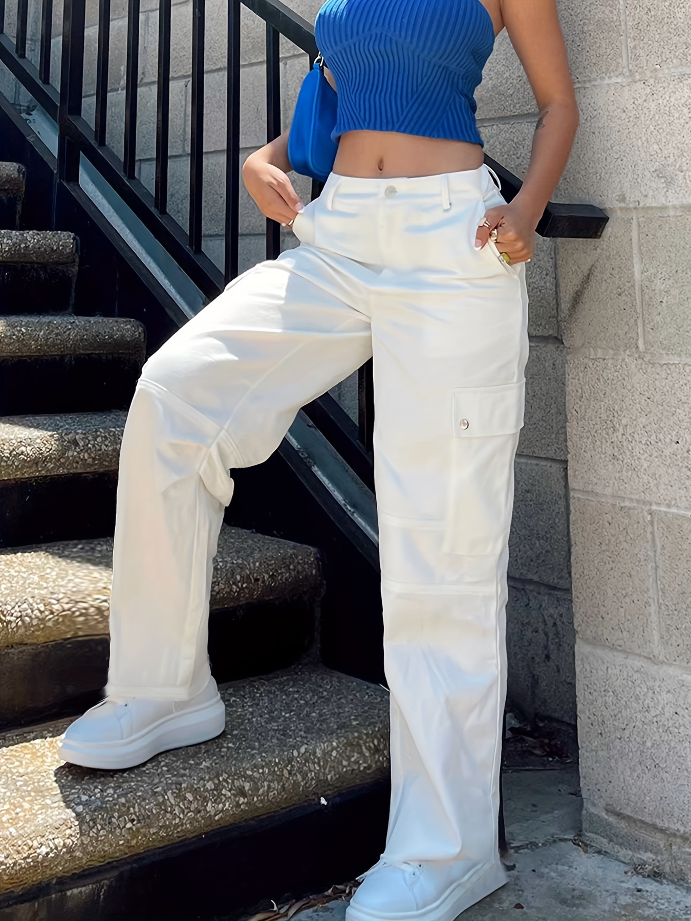 Woman's Casual Full-Length Loose Pants - Solid Stretchy High Waist Trousers  Long Straight Wide Leg Pants with Pockets (White,XL)
