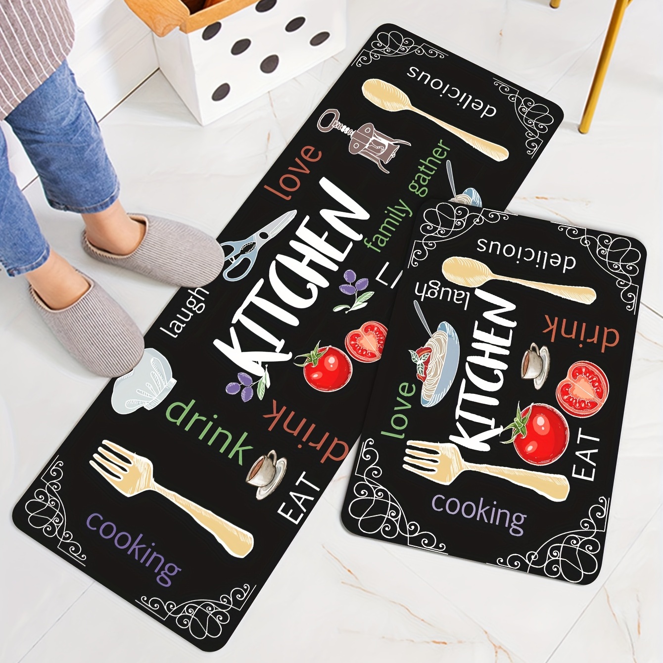 1pc Letter Graphic Kitchen Rug, Black-and-white Polyester Modern Anti-slip Kitchen  Mat, For Home Kitchen Decor