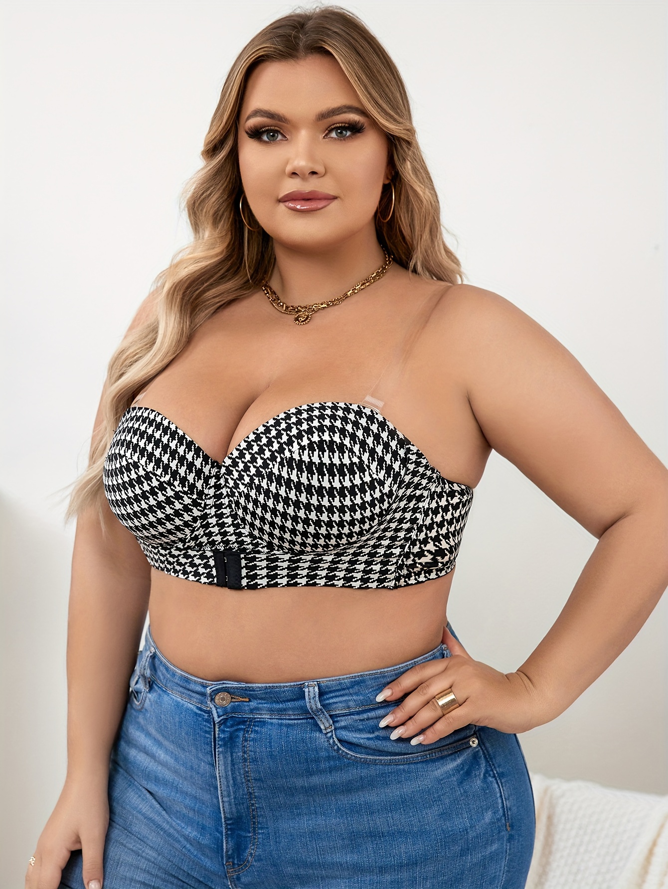 Women's Elegant Bra, Plus Size Houndstooth Print Buckle Front Push Up Bra  With Translucent Straps
