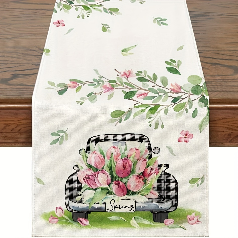 TEMU 1pc, Spring Summer Table Runner, Tulips Truck Spring Summer Table Decoration, Spring Runner For Table, Seasonal Spring Summer Holiday Decor, For
