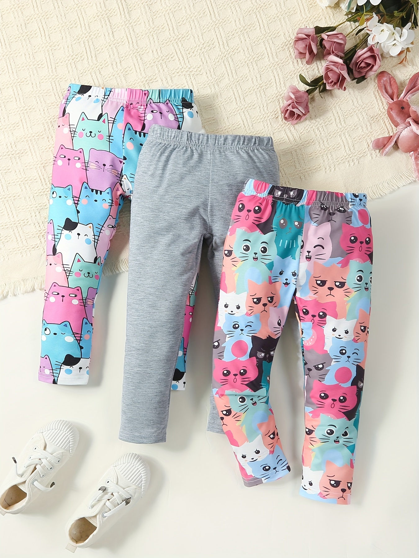 Girls' Kitty Print Comfy Casual Pants with Slight Stretch