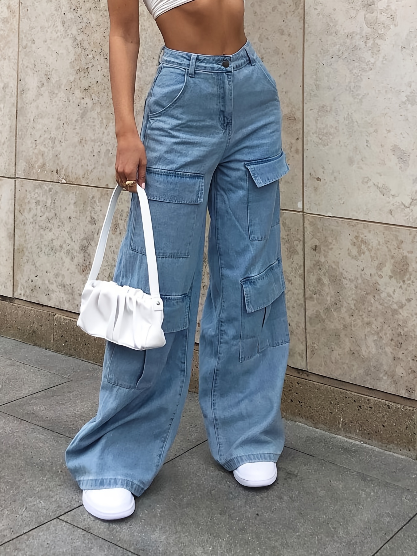 Loose Fit Straight Jeans, Slash Pockets Wide Leg Baggy Casual Stretchy Denim  Pants, Women's Denim Jeans & Clothing - Temu